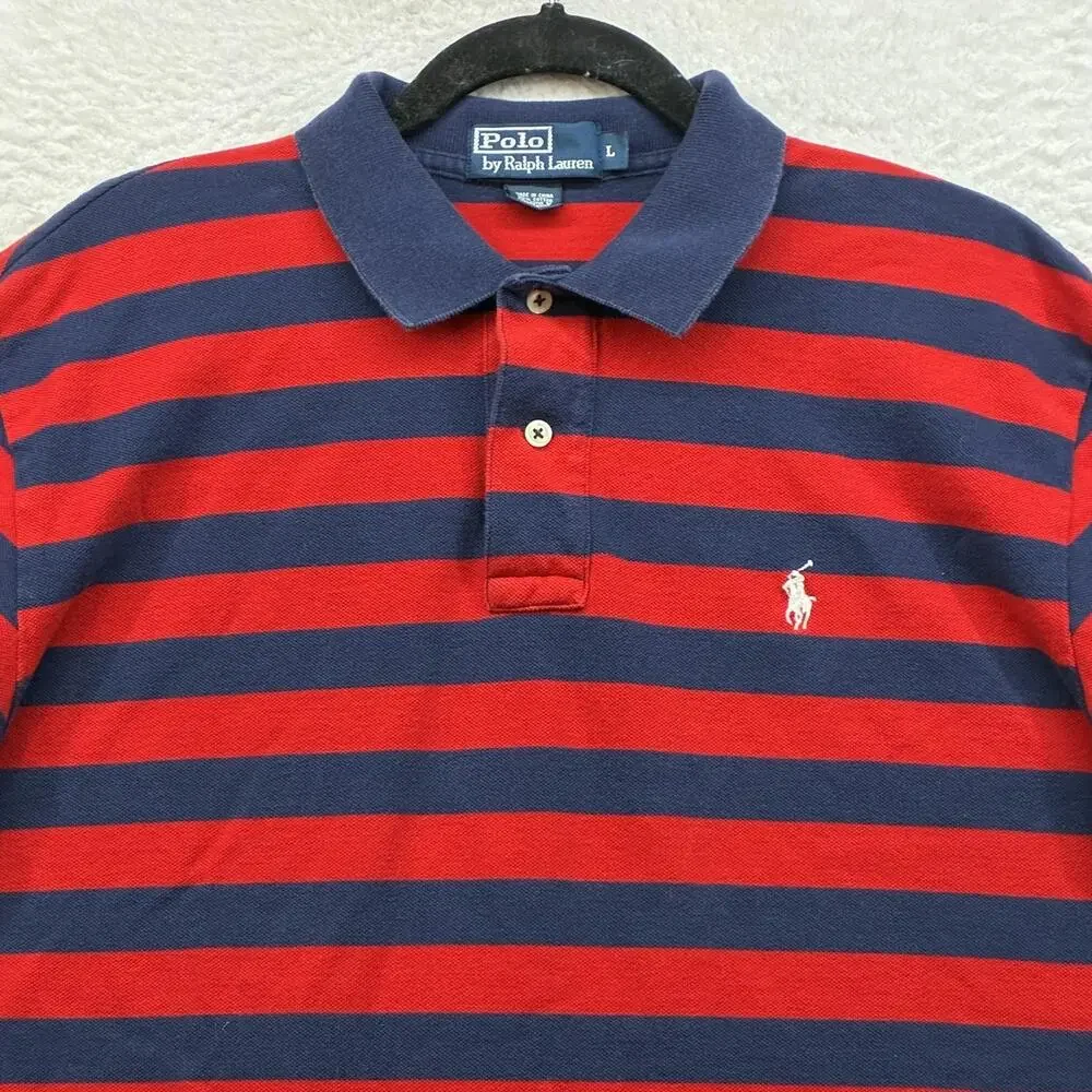 Vintage Polo By Ralph Lauren Polo Shirt Mens Large Red Navy Striped Pony Golf - Picture 4 of 10
